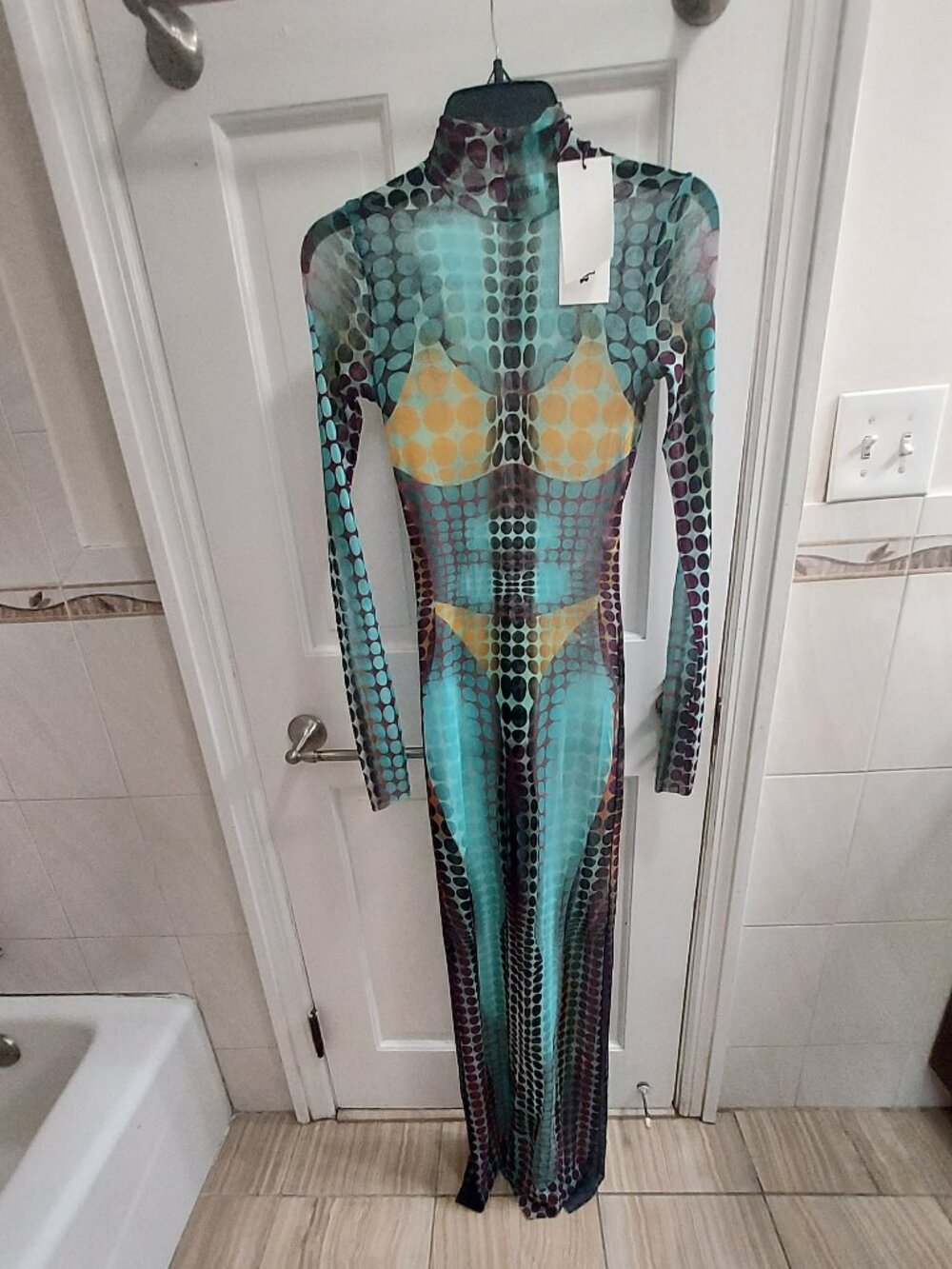 Jean Paul Gaultier Re-Edition Polka Dot Trompe l'Oeil Long Sleeve Mesh Dress